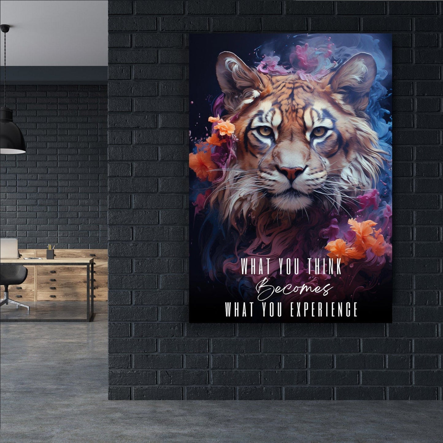Abstract Tiger - What you think & say becomes what you experience Quote Wall Art | Inspirational Wall Art Motivational Wall Art Quotes Office Art | ImpaktMaker Exclusive Canvas Art Portrait