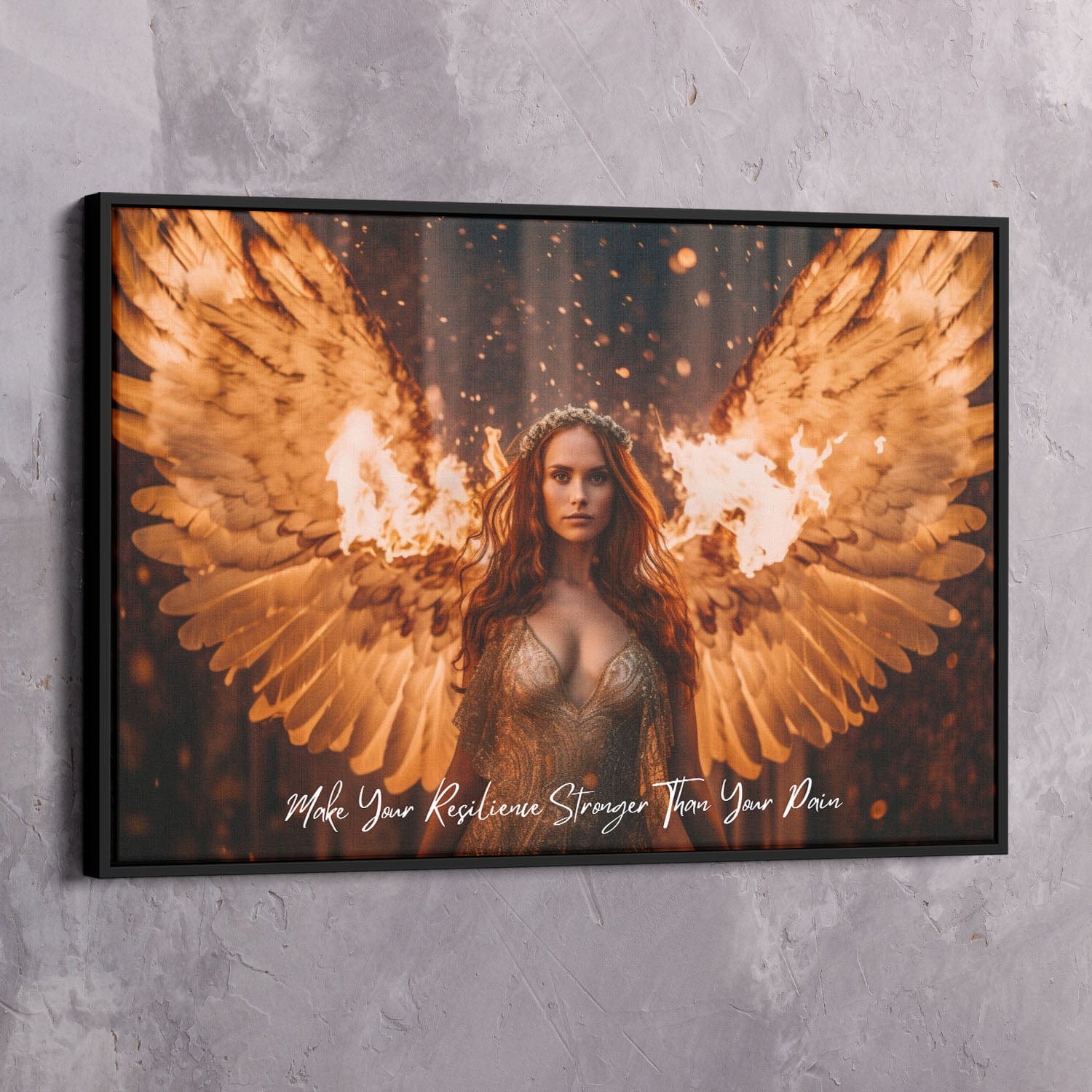 Angel on Fire - Resilience Stronger Than Pain Quote Wall Art | Inspirational Wall Art Motivational Wall Art Quotes Office Art | ImpaktMaker Exclusive Canvas Art Landscape