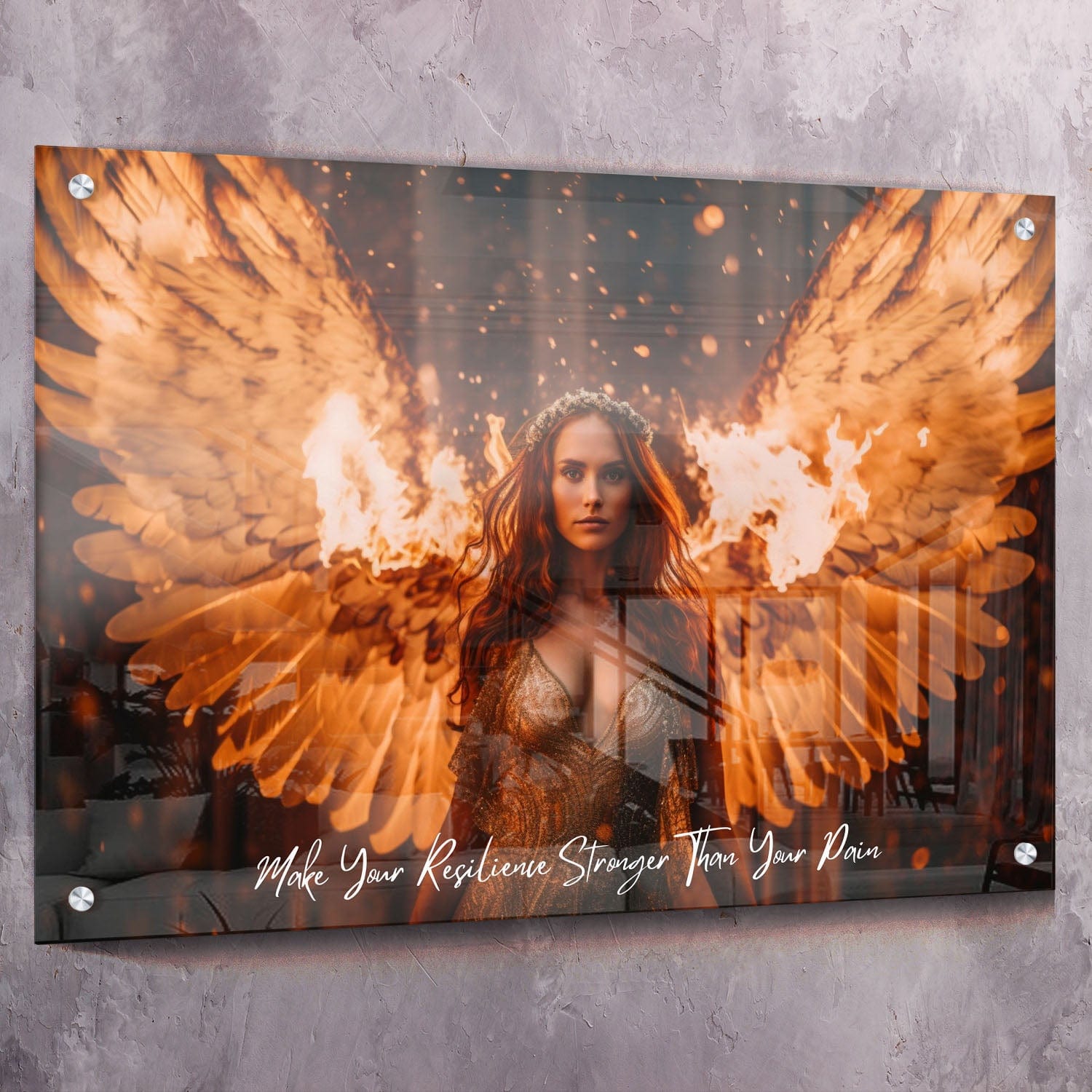 Angel on Fire - Resilience Stronger Than Pain Quote Wall Art | Inspirational Wall Art Motivational Wall Art Quotes Office Art | ImpaktMaker Exclusive Canvas Art Landscape