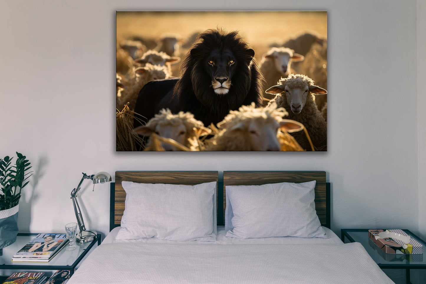 Embrace Courage: Lion Leading Sheep Wall Art for Fearless Leadership Canvas Art Landscape
