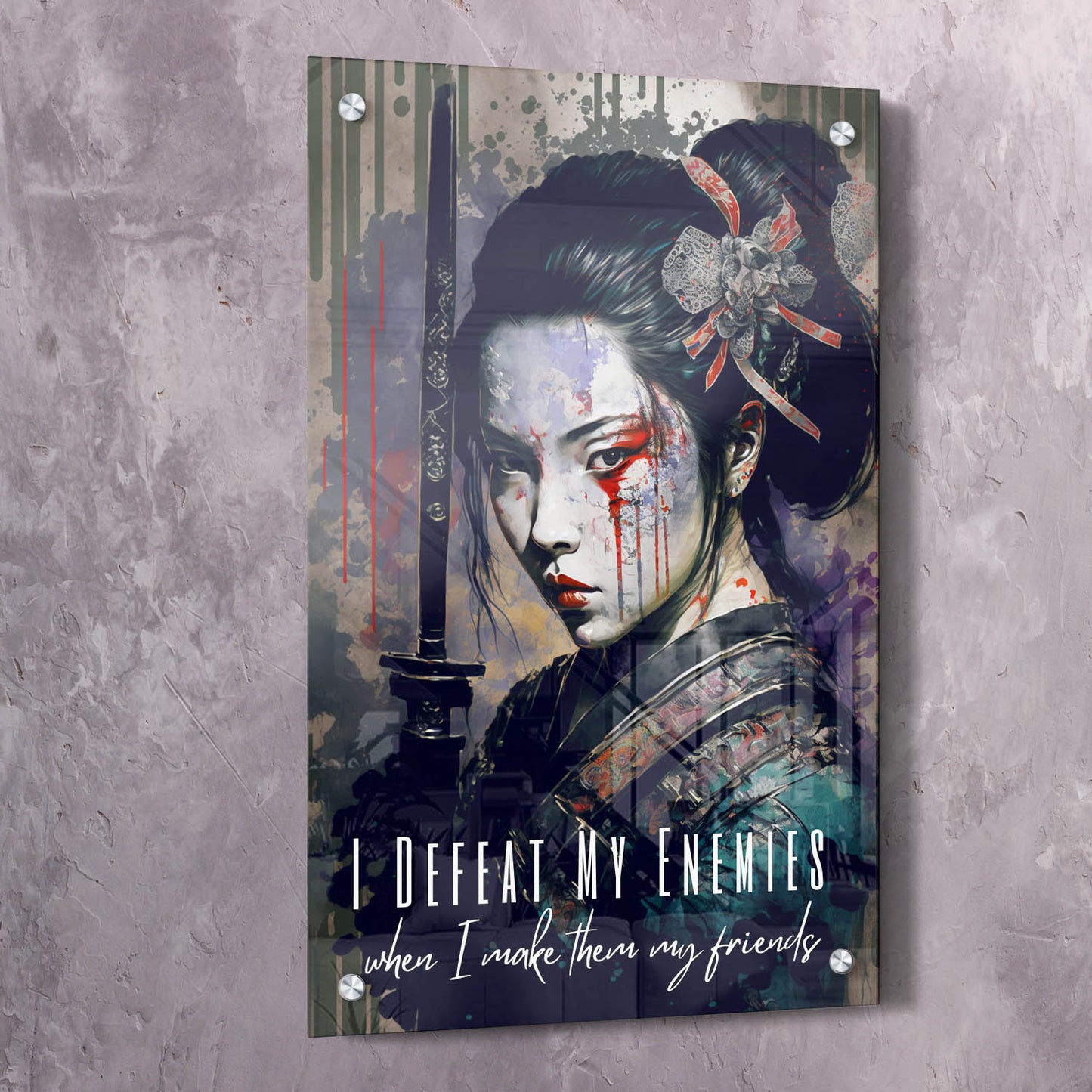 Geisha Warrior - I Defeat My Enemies Dalai Lama Quote Wall Art | Inspirational Wall Art Motivational Wall Art Quotes Office Art | ImpaktMaker Exclusive Canvas Art Portrait
