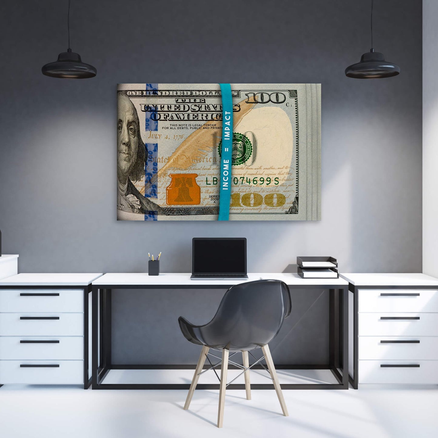 Money Rubber Band - Income = Impact Wall Art | Inspirational Wall Art Motivational Wall Art Quotes Office Art | ImpaktMaker Exclusive Canvas Art Landscape