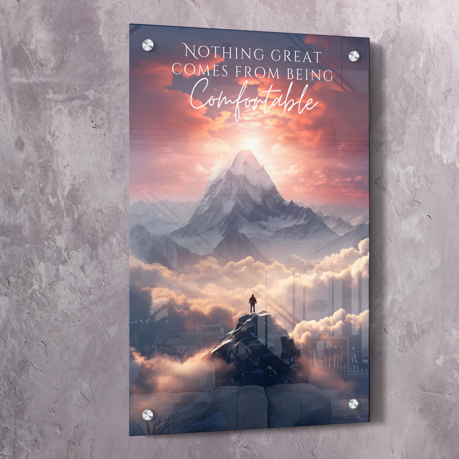 Mountain - Nothing Great Comes From Being Comfortable Quote Wall Art | Inspirational Wall Art Motivational Wall Art Quotes Office Art | ImpaktMaker Exclusive Canvas Art Portrait