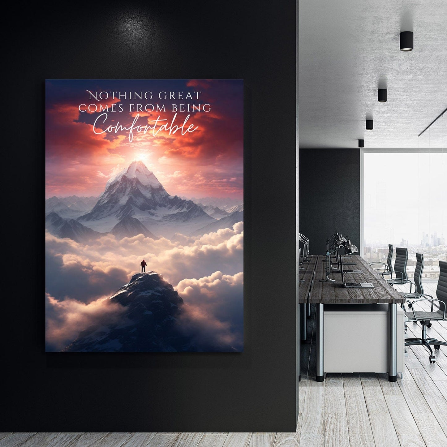 Mountain - Nothing Great Comes From Being Comfortable Quote Wall Art | Inspirational Wall Art Motivational Wall Art Quotes Office Art | ImpaktMaker Exclusive Canvas Art Portrait