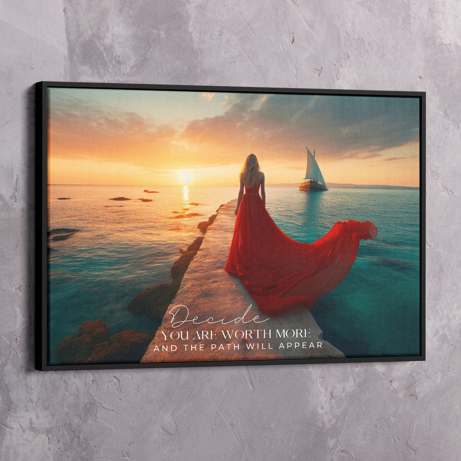 Red Dress Sea - Decide you are worth more Quote Wall Art | Inspirational Wall Art Motivational Wall Art Quotes Office Art | ImpaktMaker Exclusive Canvas Art Landscape