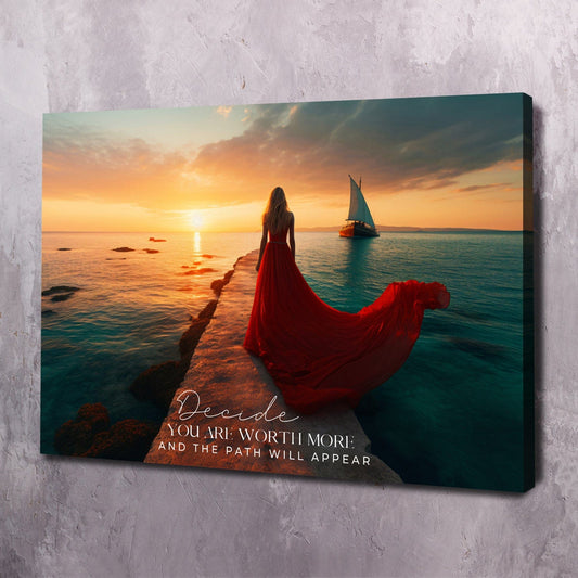 Red Dress Sea - Decide you are worth more Quote Wall Art | Inspirational Wall Art Motivational Wall Art Quotes Office Art | ImpaktMaker Exclusive Canvas Art Landscape