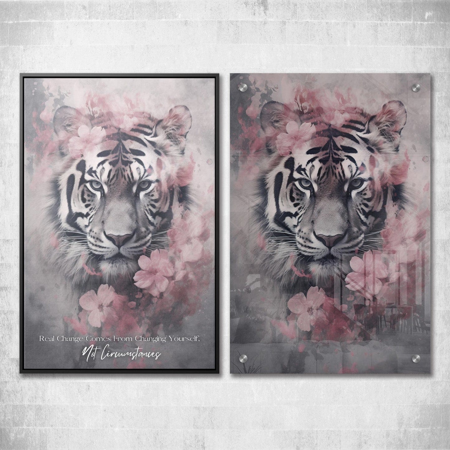 Tiger Pink Flowers - Change Yourself Not Circumstances Quote Wall Art | Inspirational Wall Art Motivational Wall Art Quotes Office Art | ImpaktMaker Exclusive Canvas Art Portrait