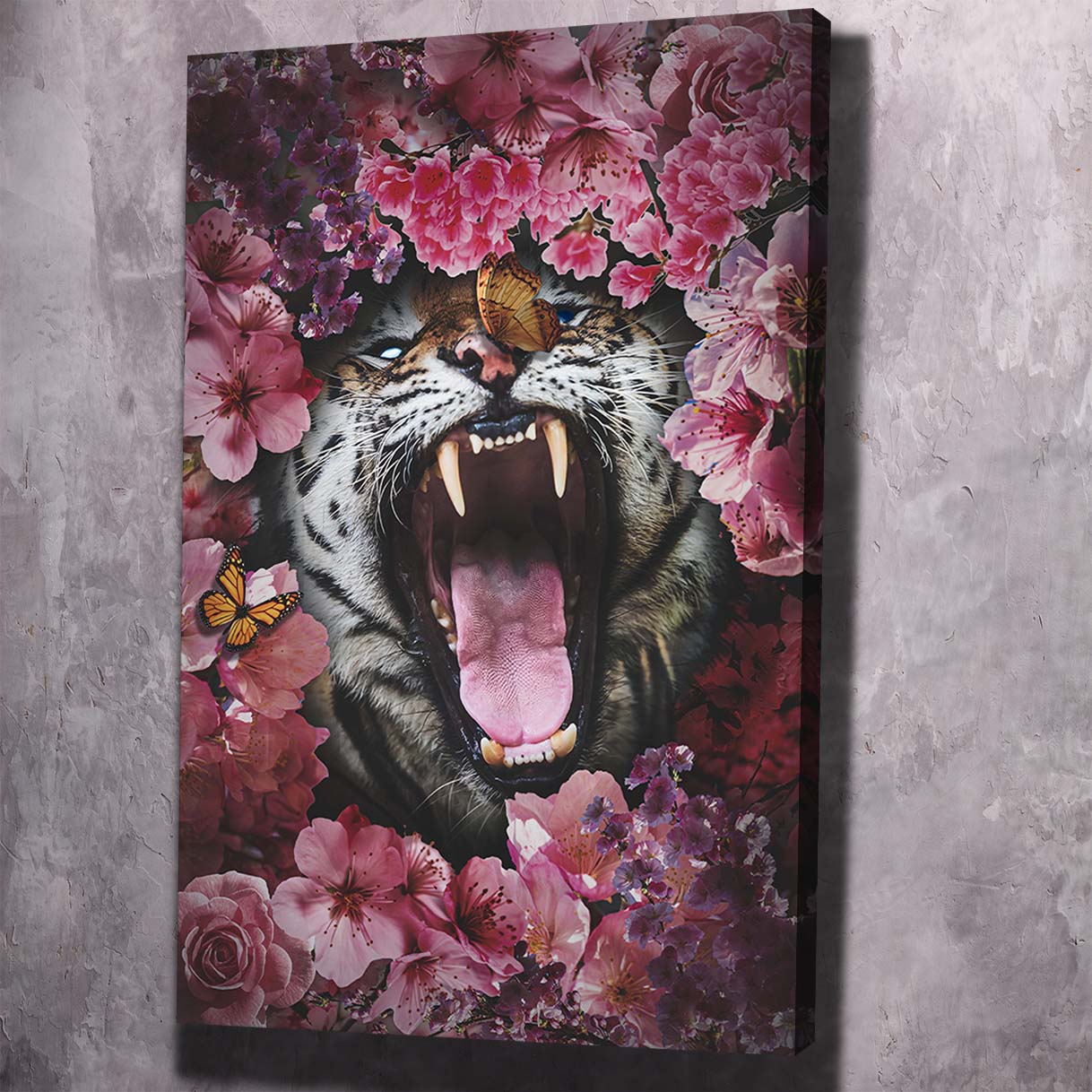 Tiger Roar Pink Flowers Art Wall Art | Inspirational Wall Art Motivational Wall Art Quotes Office Art | ImpaktMaker Exclusive Canvas Art Portrait